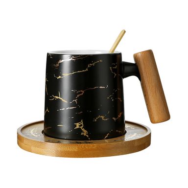 Mug De Ceramica Con Agarradera De Madera Y Cuchara Negro 235 Ml