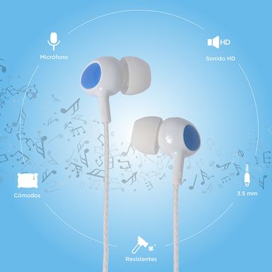 Audifonos De Cable, 1.2M Medianos, Blanco/Azul