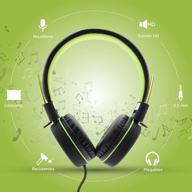 Audifonos De Diadema, De Cable Medianos, Verde/Negro