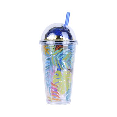 Vaso de Plastico con Pitillo Monster Tropical Forest Series Tapa Azul 450 Ml