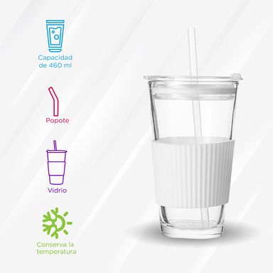 Vaso de  Vidrio con Popote y Protector de  Silicona Blanco