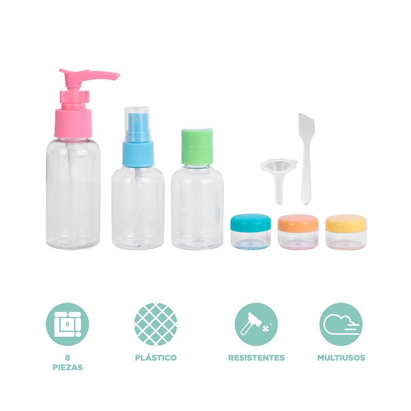 Kit de Botellas de Viaje Transparente 50Ml 8Pzas