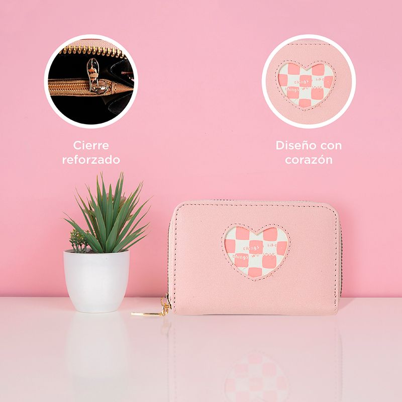 Cartera-para-Mujer-Corta-Dise-o-Corazon-de-Cuadros-Miniso-Rosa-5-18136