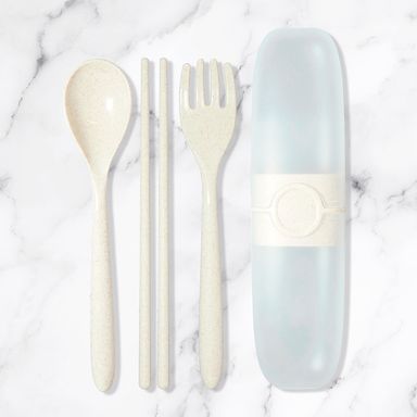 Set de 3 cubiertos con Estuche Plástico, Mediano, Beige