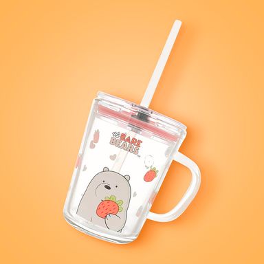 Vaso de Vidrio con Pitillo 400Ml  Serie We Bare Bears