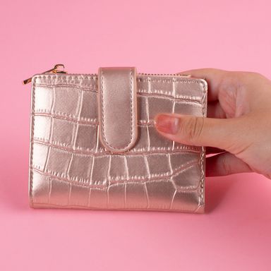 Cartera Corta para Mujer Tipo Piel de Cocodrilo Oro Rosa