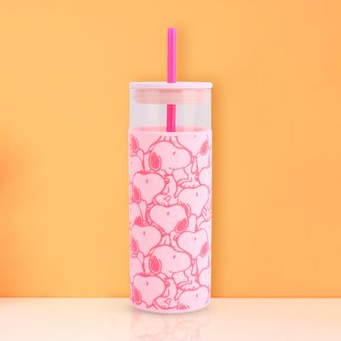 Botilo de Vidrio con Funda de Silicona Rosa Serie Snoopy