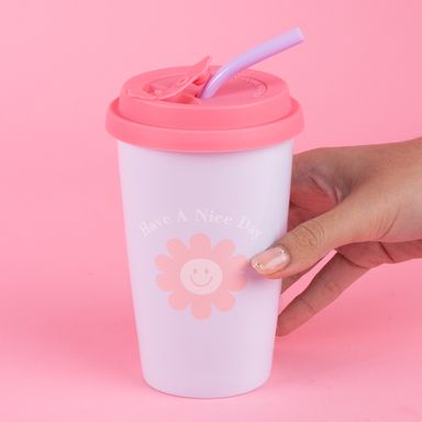 Vaso de Ceramica de 400 Ml con Tapa y Pitillo Serie Flor Lila
