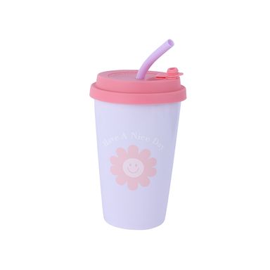 Vaso de Ceramica de 400 Ml con Tapa y Pitillo Serie Flor Lila