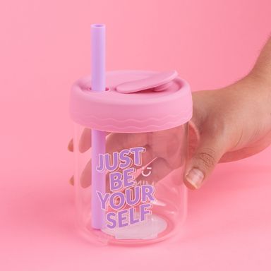 Vaso de Vidrio de 350 Ml con Tapa de Silicona Rosa