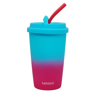 Taza Ceramica de 400 Ml con Tapa y Pitillo Coleccion Colorida Degradado Azul y Rosa
