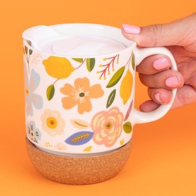 Taza Ceramica con Tapa y Fondo de Corcho 300 Ml Serie Flower