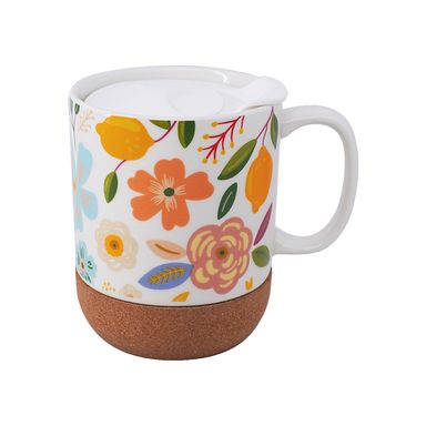 Taza Ceramica con Tapa y Fondo de Corcho 300 Ml Serie Flower