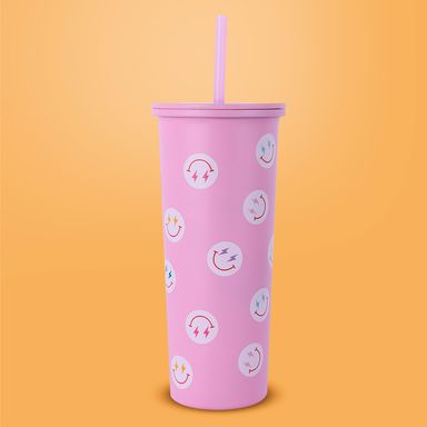 Vaso de Acero Inoxidable Pared Simple con Pitillo 800 Ml Cara Sonriente