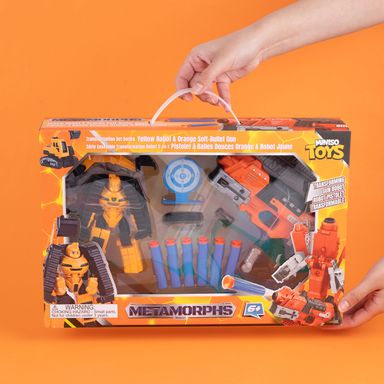 Robot Transformable y Pistola de Balas Blandas Serie Miniso Amarrillo y Naranja