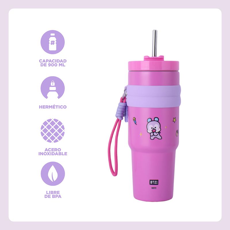 Termo-de-Doble-Pared-con-Funda-y-Pitillo-900-Ml-Mang-Serie-Bt21-Rosa-3-25494