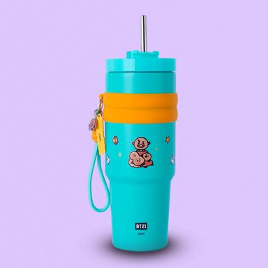 Termo de Doble Pared con Funda y Pitillo 900 Ml Shooky Serie Bt21 Azul Claro