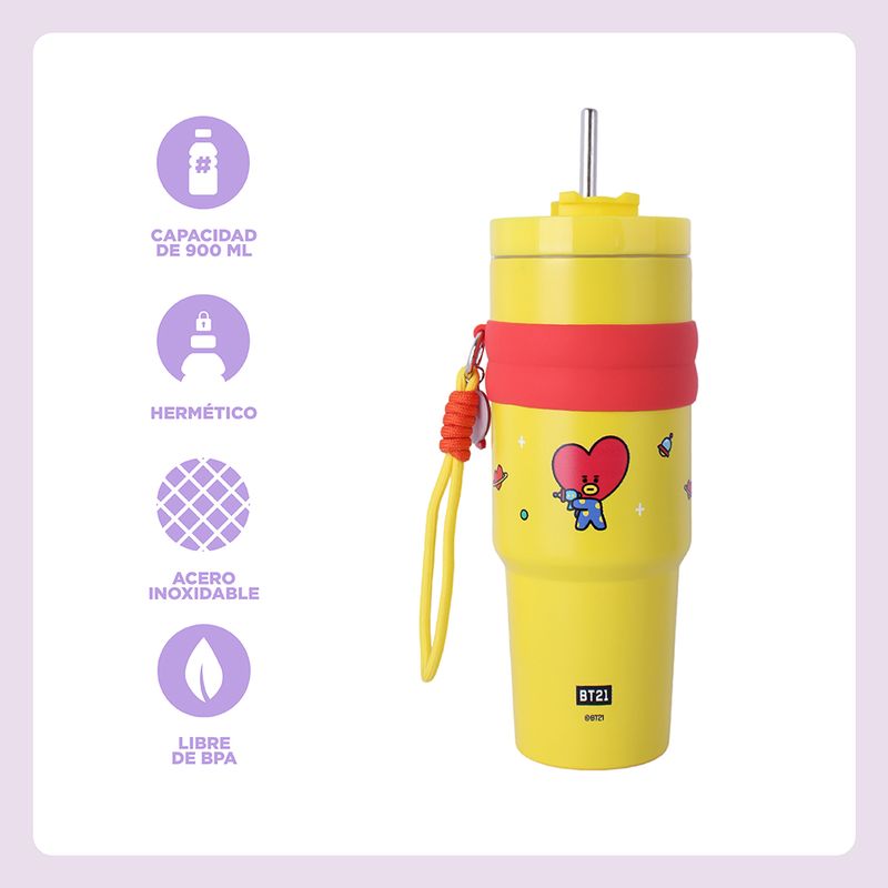 Termo-de-Doble-Pared-con-Funda-y-Pitillo-900-Ml-Tata-Serie-Bt21-Amarillo-3-25496