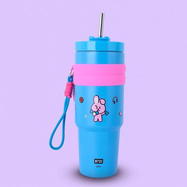 Termo de Doble Pared con Funda y Pitillo 900 Ml Cooky Serie Bt21 Azul