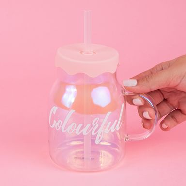 Taza de Vidrio con Tapa y Pitillo 520 Ml Serie Holografica