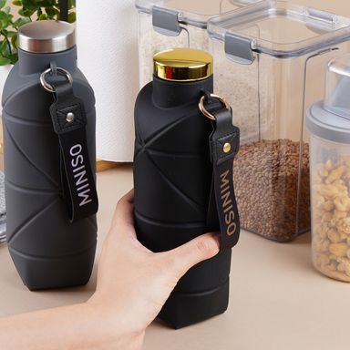 Botella Plastico Plegable de Silicona Portatil de 700 Ml Serie Silver Grey Negro