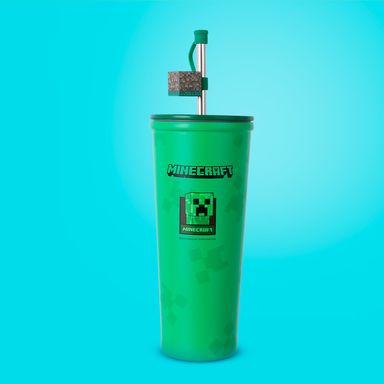Vaso de Acero Doble Pared con Pitillo 650 Ml Creeper Serie Minecraft Verde