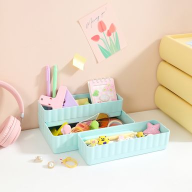 Organizador Plastico de Maquillaje con Compartimentos Serie Miniso 3 Piezas Azul