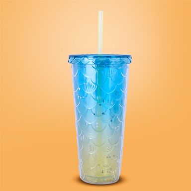Vaso Plastico con Correa 680 Ml Serie Miniso Azul y Amarillo