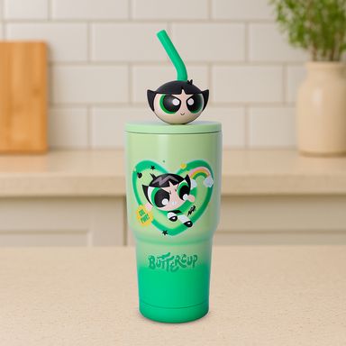 Vaso de Acero Inoxidable con Pitillo 900 Ml Serie Las Chicas Super Poderosas Verde