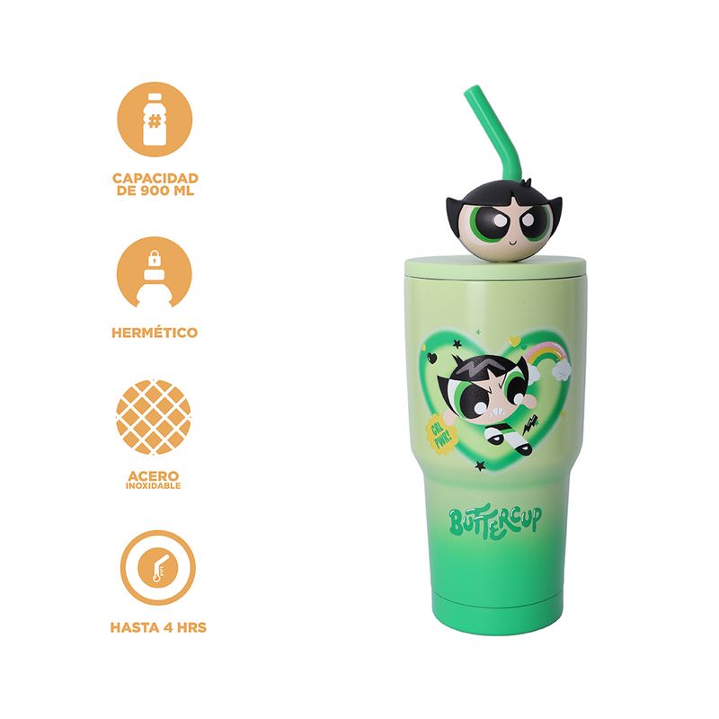 Vaso-de-Acero-Inoxidable-con-Pitillo-900-Ml-Serie-Las-Chicas-Super-Poderosas-Verde-3-26685