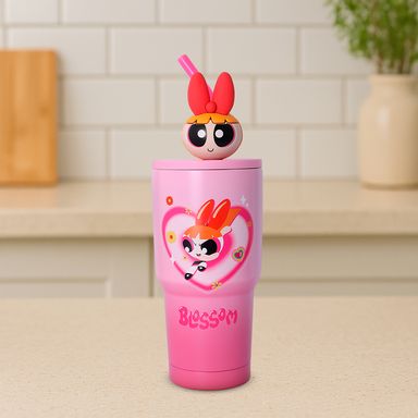 Vaso de Acero Inoxidable con Pitillo 900 Ml Serie Las Chicas Super Poderosas Rosa