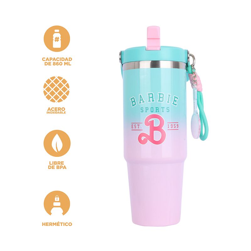 Vaso de Doble Pared con Asa y Pitillo 860 Ml Serie Barbie Rosa y Verde