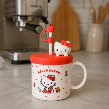 Taza 450 Ml Estilo Clasico con Tapa y Pitillo Hello Kitty Serie Sanrio