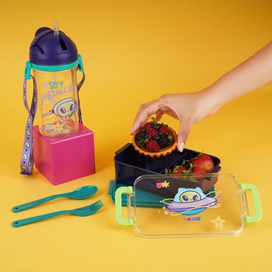 Contenedor de Alimentos 470 Ml y Cubiertos Alien Serie Vania Bachur Azul y Verde