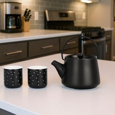 Juego de Te Tetera y Dos Tazas Serie Black & White