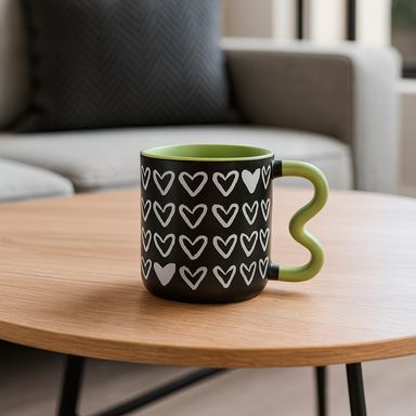 Taza con Asa 420 Ml Serie Black & White de Corazones Negra