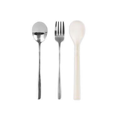 Set de Cubiertos con Tapa Abatible Cuchara y Tenedor Serie Black & White Blanco