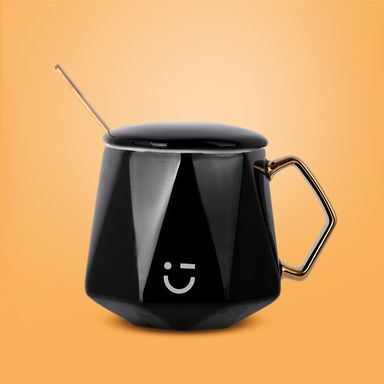 Taza de Ceramica con Asa Tapa y Cuchara 360 Ml Negra