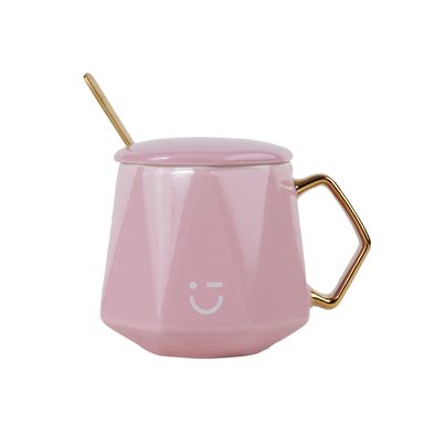 Taza de Ceramica con Asa Tapa y Cuchara 360 Ml Rosa