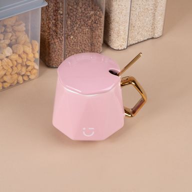 Taza de Ceramica con Asa Tapa y Cuchara 360 Ml Rosa