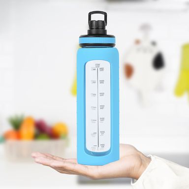 Botella de  Vidrio con Funda Plastica Resistente Al Calor Azul