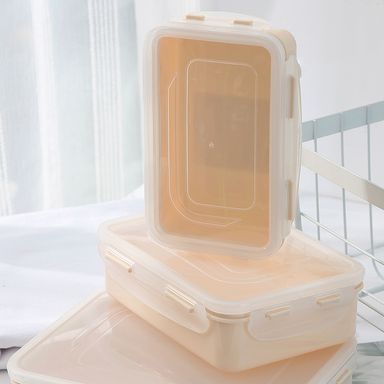 Contenedro Rectangular De Plastico, Para Comida 350Ml, Mediano, Beige Blanco