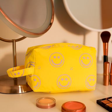 Cosmetiquera Rectangular con Estampado de Carita Feliz Serie Miniso Amarillo
