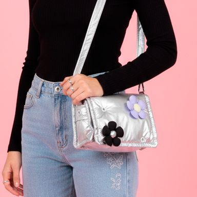 Cartera con Correa y Agujeros Serie Minidots Plateada
