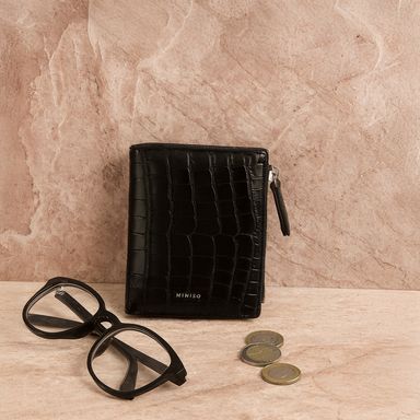 Cartera Corta con Cierre para Mujer Tipo Piel Cocodrilo Glossy Negro