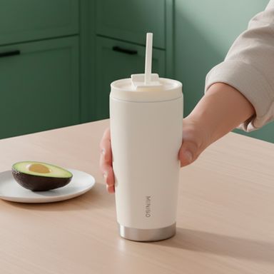 Vaso con Cierre Hermético y Pitillo Serie Miniso Beige