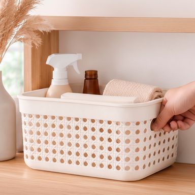 Organizador de Almacenamiento con Tapa Tipo Tejida en Bambu Serie Miniso Beige