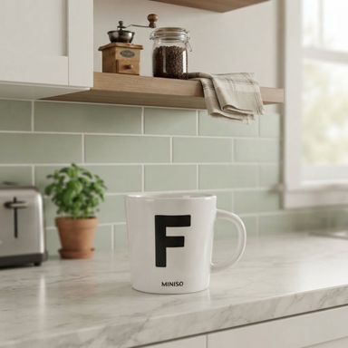 Taza Grande con Letra F Serie Miniso Blanco