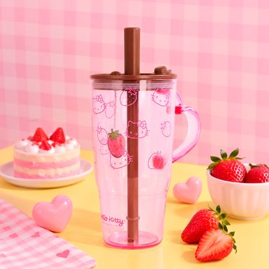 Vaso de Plastico con Pitillo 860Ml Serie Hello Kitty Chocolate Sanrio Rosa